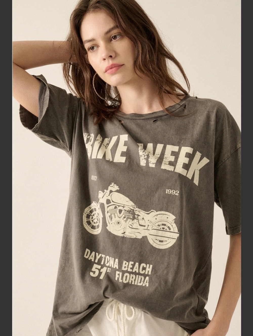 Vintage Bike Week Daytona Beach Graphic Distressed Oversized Gray Tee Size Small
